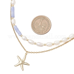 Synthetic Blue Lace Agate Heishi Beads and Rice Natural Pearl Beaded Double Layer 304 Stainless Steel Starfish Pendant Necklaces&nbsp;NJEW-JN05847-01