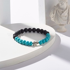 Round Synthetic Turquoise & Natural Lava Rock Stretch Bracelet&nbsp;BJEW-JB07470-02