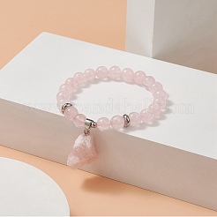Round Natural Rose Quartz Beaded Stretch Bracelet with Nuggets Charms for Women&nbsp;BJEW-JB09316-02