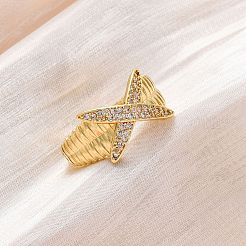 Brass Micro Pave Clear Cubic Zirconia Cuff Rings for Women&nbsp;RJEW-U043-08G