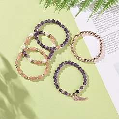 5Pcs 5 Style Natural Amethyst & Sunstone & Cultured Freshwater Pearl & Synthetic Hematite Round Beaded Stretch Bracelets Set&nbsp;BJEW-JB09084