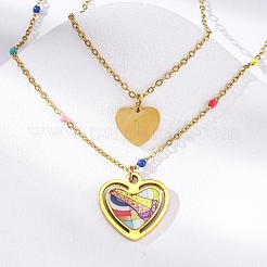 304 Stainless Steel & Plastic Colorful Heart Pendant Double Layer Necklaces for Women&nbsp;NJEW-U032-11G