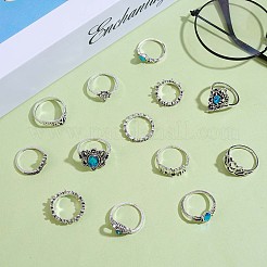13Pcs 13 Style Aquamarine Rhinestone Tortoise & Elephant & Lotus & Crown Finger Rings Set&nbsp;JR939A