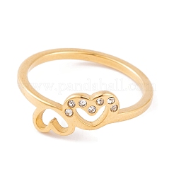 304 Stainless Steel with Rhinestone Heart Finger Ring for Women&nbsp;RJEW-C086-11-G
