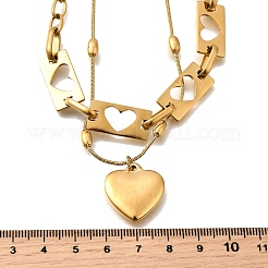 304 Stainless Steel Hollow Heart Pendant Double Layer Necklaces for Women&nbsp;NJEW-F341-01G