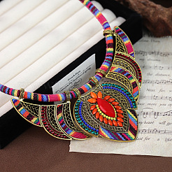 Bohemian Style Colorful Flower Alloy Coral Rhinestone & Polyester Cord Pendant Bib Necklaces for Women&nbsp;FS-WG73F41-01