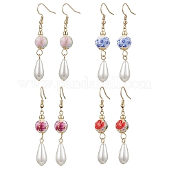 Round with Flower Pattern Porcelain Ceramic Dangle Earrings&nbsp;EJEW-JE06347