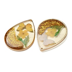Brass & Transparent Epoxy Resin & Dried Flower Pendants&nbsp;RESI-G133-05G-01