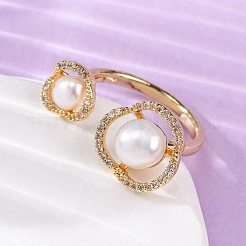 Brass with Natural Pearl Adjustable Cuff Rings&nbsp;RJEW-Q023-03G