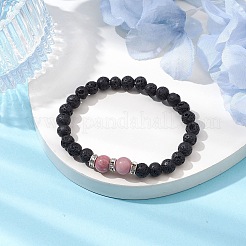 Round Natural Lava Rock & Rhodochrosite Beaded Stretch Bracelets for Women&nbsp;BJEW-JB10804