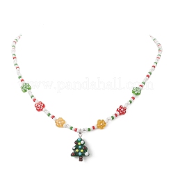 Christmas Tree Lampwork Pendant Necklace with Glass Seed Flower Chains for Women&nbsp;NJEW-TA00070