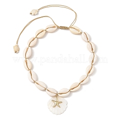 Summer 304 Stainless Steel Starfish and Natural Freshwater Shell Carved Pendant Necklaces&nbsp;NJEW-JN06566-01