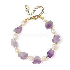 Raw Natural Amethyst Nuggets and Natural Cultured Freshwater Pearl Bead Beaded Bracelets&nbsp;BJEW-JB14387-01
