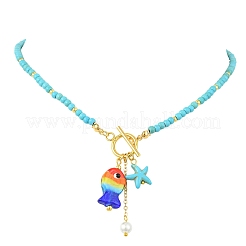 Summer Handmade Lampwork Colorful Fish and Starfish Pendant Dyed Synthetic Turquoise Round Beaded Necklaces with 304 Stainless Steel OT Clasps for Women&nbsp;NJEW-TA00240