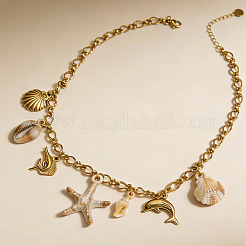 304 Stainless Steel Ocean Theme Shell Starfish Dolphin Multi Pendant Bib Necklace for Women Summer Beach Jewelry&nbsp;PT7319
