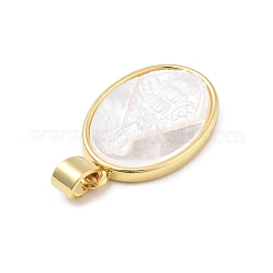Brass Pave Carved Natural White Shell Religion Oval Pendants&nbsp;KK-D367-04G-B