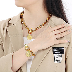 Flat Round with Saint Benedict 304 Stainless Steel Rolo Chain Pendant Necklace & Charm Bracelets Sets&nbsp;FS-WGC58E4-01