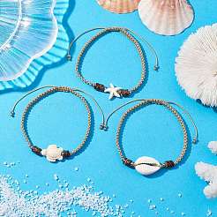 3Pcs 3 Styles Turtle & Starfish Dyed Synthetic Turquoise & Cowrie Shell Braided Bead Bracelet Sets&nbsp;BJEW-JB10281