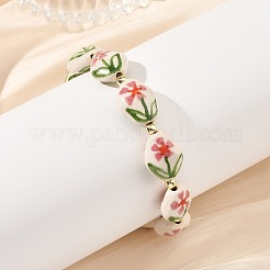Handmade Printed Porcelain Floral Oval Beaded Stretch Bracelets&nbsp;BJEW-JB14182