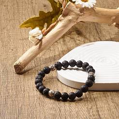 Natural Lava Rock & Alloy Round Beaded Stretch Bracelet&nbsp;BJEW-JB07897-01