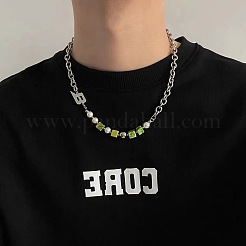Letter B and Acrylic Lime Green Cube Beaded 201 Stainless Cable Chain Necklaces&nbsp;FS-WG7DFDB-01