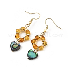 Heart Natural Amber & Abalone Shell/Paua Shell Dangle Earrings&nbsp;EJEW-JE07358-02
