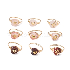 Brass & Cherry Quartz Rose Quartz Natural Red Rainbow Jasper Finger Rings for Women&nbsp;RJEW-JR00872