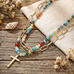 304 Stainless Steel Cross Pendant Paux Pearl & Glass & Mixed Stone Beaded Double Layer Necklaces for Women&nbsp;WU1738-2