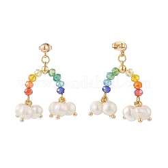 Natural Pearl & Glass Beaded Rainbow & Cloud Dangle Stud Earrings&nbsp;EJEW-TA00151