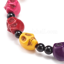 Natural Mashan Jade Skull & Synthetic Turquoise(Dyed) Beaded Stretch Bracelet&nbsp;BJEW-JB08377-05