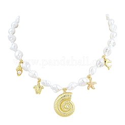 Ocean Brass Conch Shell Dolphin Turtle Pendant White ABS Plastic Imitation Keshi Pearl Beaded Necklaces&nbsp;KK-CBA4547-02G