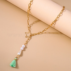 Star Alloy Cable Chain with Plastic Pearl Bead Aquamarine Tassel Waist Belly Chains&nbsp;FS-WG4037F-01