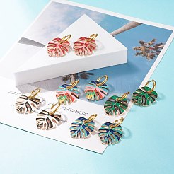 Monstera Leaf Enamel Charm Dangle Hoop Earrings&nbsp;EJEW-JE04853