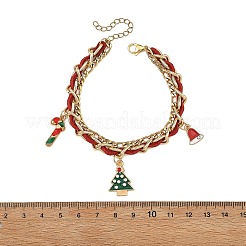 Alloy Enamel Christmas Tree Hat Candy Cane Charm Faux Suede Cord 304 Stainless Steel Woven Chain 2-Strand Bracelets&nbsp;BJEW-TA00763