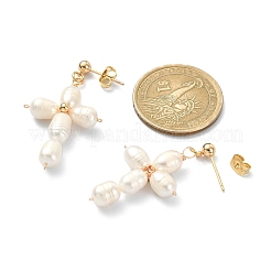 Natural Pearl Beaded Cross Dangle Stud Earrings&nbsp;EJEW-JE05257