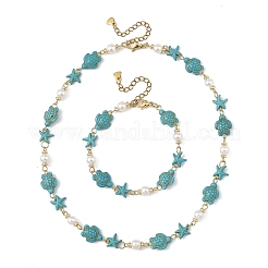 Starfish & Turtle Synthetic Turquoise Beaded Necklace & Bracelet Sets&nbsp;SJEW-JS01385-02