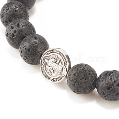 Natural Lava Rock Stretch Bracelet with Alloy Cross Coin&nbsp;BJEW-JB08192-03