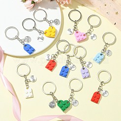 8Pcs 8 Colors Valentine Heart Plastic Keychain with Alloy Flat Round Charm&nbsp;KEYC-CJ0001-11