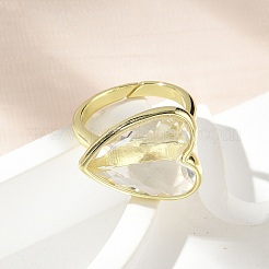 Heart Brass Natural Quartz Crystal Finger Rings&nbsp;RJEW-D304-01G-F