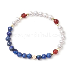 3Pcs Shell Pearl Bead & Natural Carnelian & Dyed Lapis Lazuli & Tiger Eye Round Beaded Stretch Bracelets for Women&nbsp;BJEW-JB11937