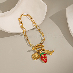 Ocean 304 Stainless Steel Enamel Strawberry Shell Shape Charm Paperclip Chain Bracelets with OT Clasps&nbsp;VA6795