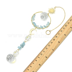 Glass Beads &  Natural Aquamarine Chip Beads & Brass Hanging Suncatchers&nbsp;HJEW-JM04994-03