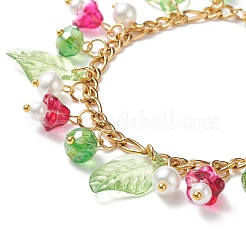 5Pcs 5 Color Glass Pearl & Trumpet Flower & Acrylic Leaf Charm Bracelets Set&nbsp;BJEW-JB08909
