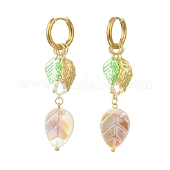 Leaf Natural Freshwater Shell & Teardrop Glass Dangle Earrings&nbsp;EJEW-JE07148