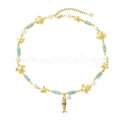 304 Stainless Steel Enamel & Shell Pearl & Natural Amazonite Pendant Necklaces&nbsp;NJEW-JN06621