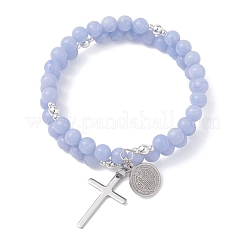 2Pcs Natural Dyed Blue Lace Agate & White Jade Beads Double strand Stretch Bracelets&nbsp;BJEW-JB13065
