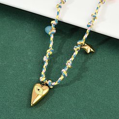 304 Stainless Steel Enamel Yellowe Eye Heart Pendant Cotton Cord Adjustable Necklaces&nbsp;NJEW-C093-03G