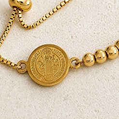 Summer Women's Adjustable 304 Stainless Steel Round Medal Box Chain Slider Bracelets with Brass Beads&nbsp;PC1192