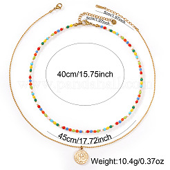 Boho Colorful Glass Seed Beaded Double Layer Necklaces with Stainless Steel Religion Saint Benedict Medal Pendant&nbsp;OL9548-1