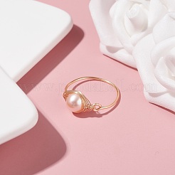 Natural Round Shell Pearl Beads Finger Ring&nbsp;RJEW-JR00412